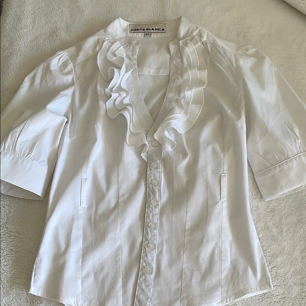 Costa Blanca Ruffled White Button Down Blouse